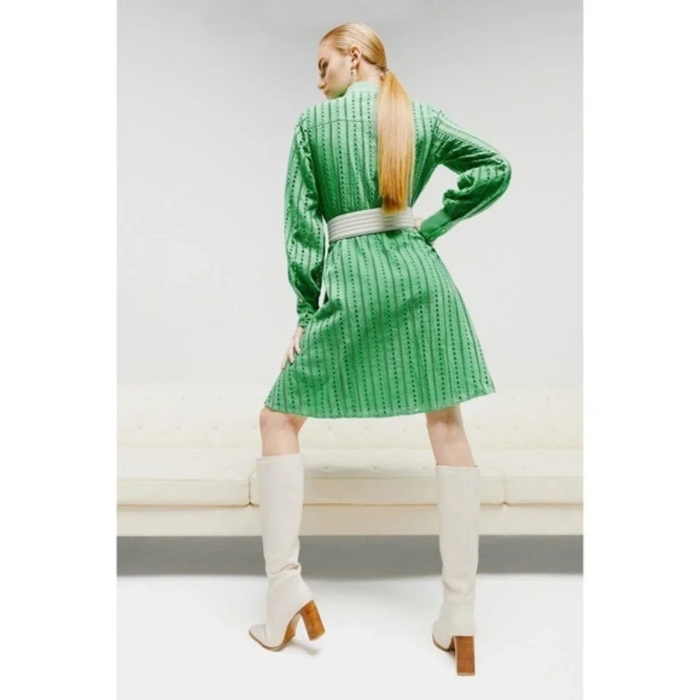Karen Millen Eyelet Dress US 4 Green Long Sleeve Shirt Dress‎